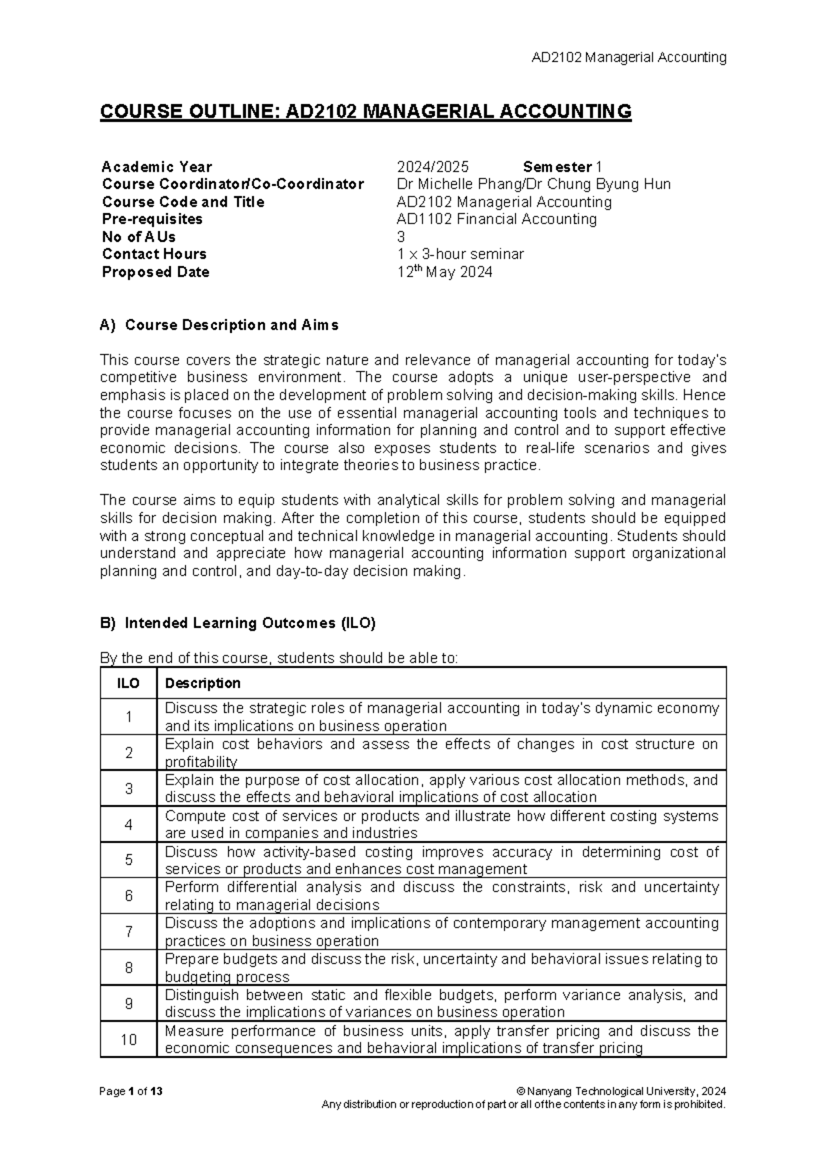 AD2102 Managerial Accounting Course Outline AY2425 Semester 1 - Studocu