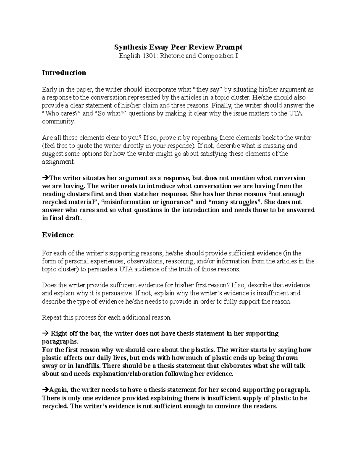 Synthesis Essay Peer Review Prompt 2 - should also provide a clear ...