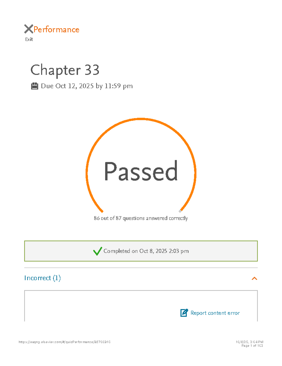 Quiz Performance Analysis for Elsevier Adaptive Quizzing - Chapter 33 ...