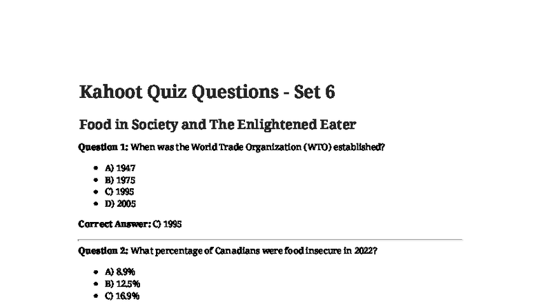 Kahoot Quiz Questions Set 6: Food in Society (Topic 11) - Studocu