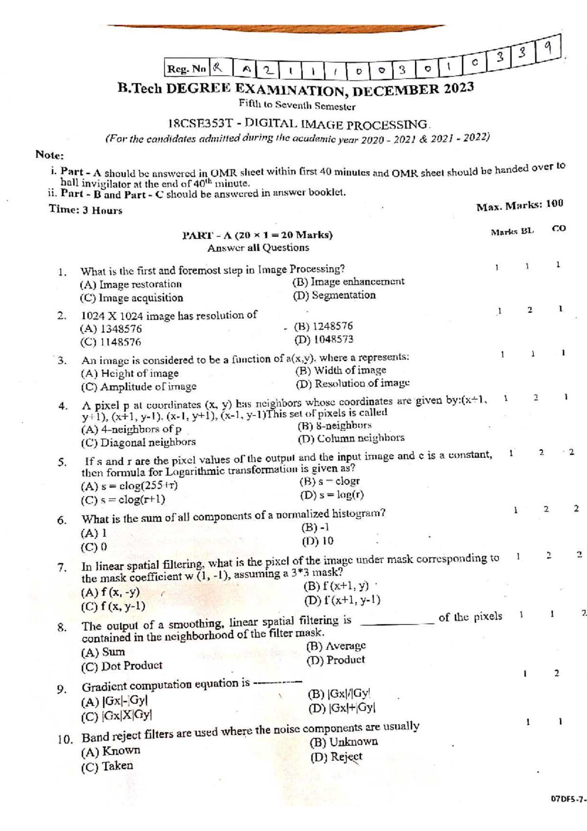 B.Tech 18CSE353T Digital Image Processing Final Exam Dec 2023 Guide ...