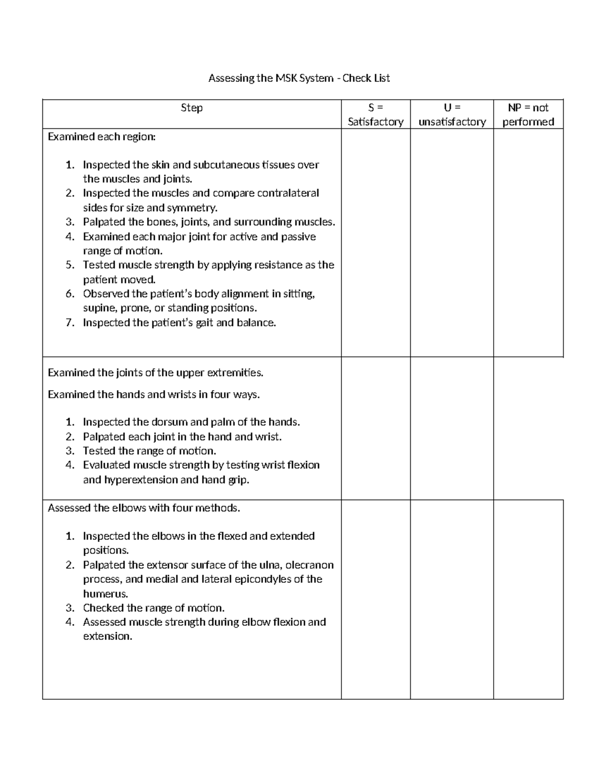 MSK 101: Comprehensive Checklist for Musculoskeletal Assessment - Studocu
