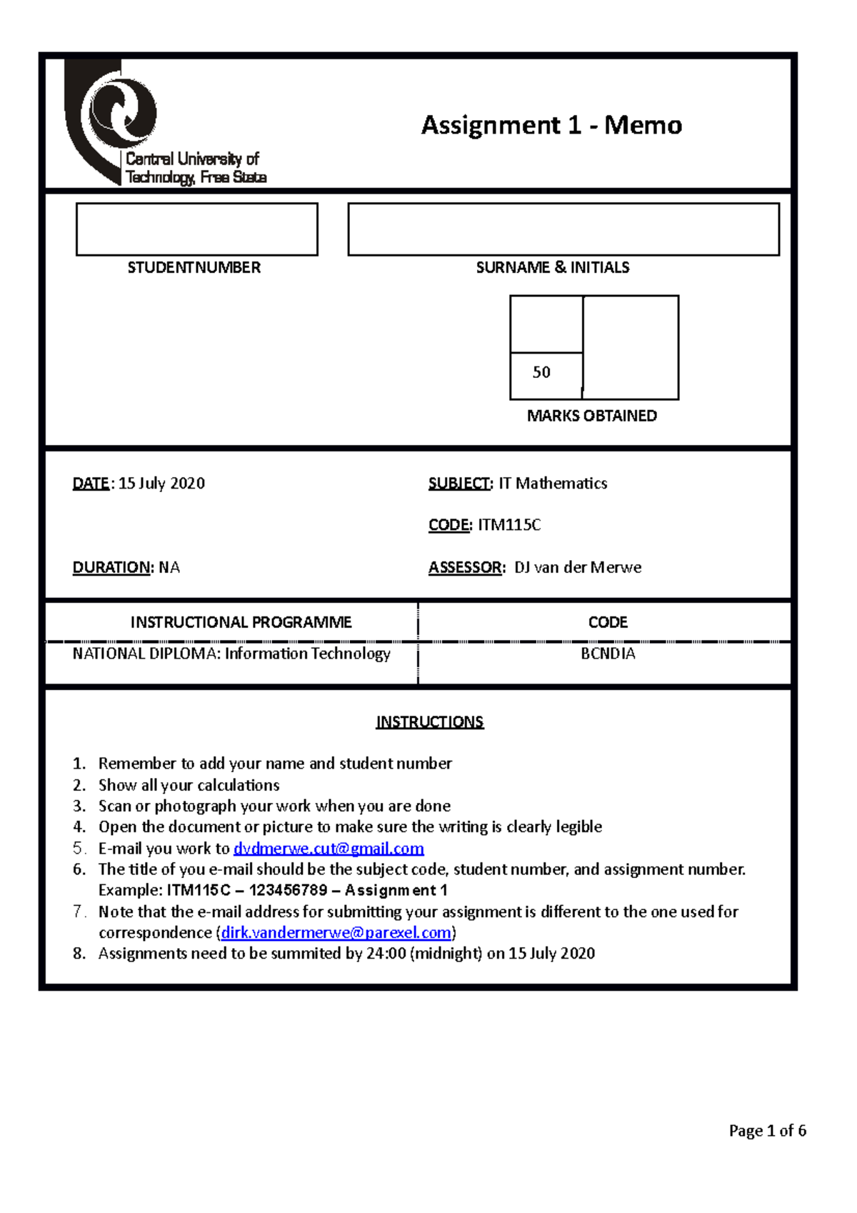 IT Mathemtics - Assignment 1 - Memo - Assignment 1 - Memo STUDENTNUMBER ...