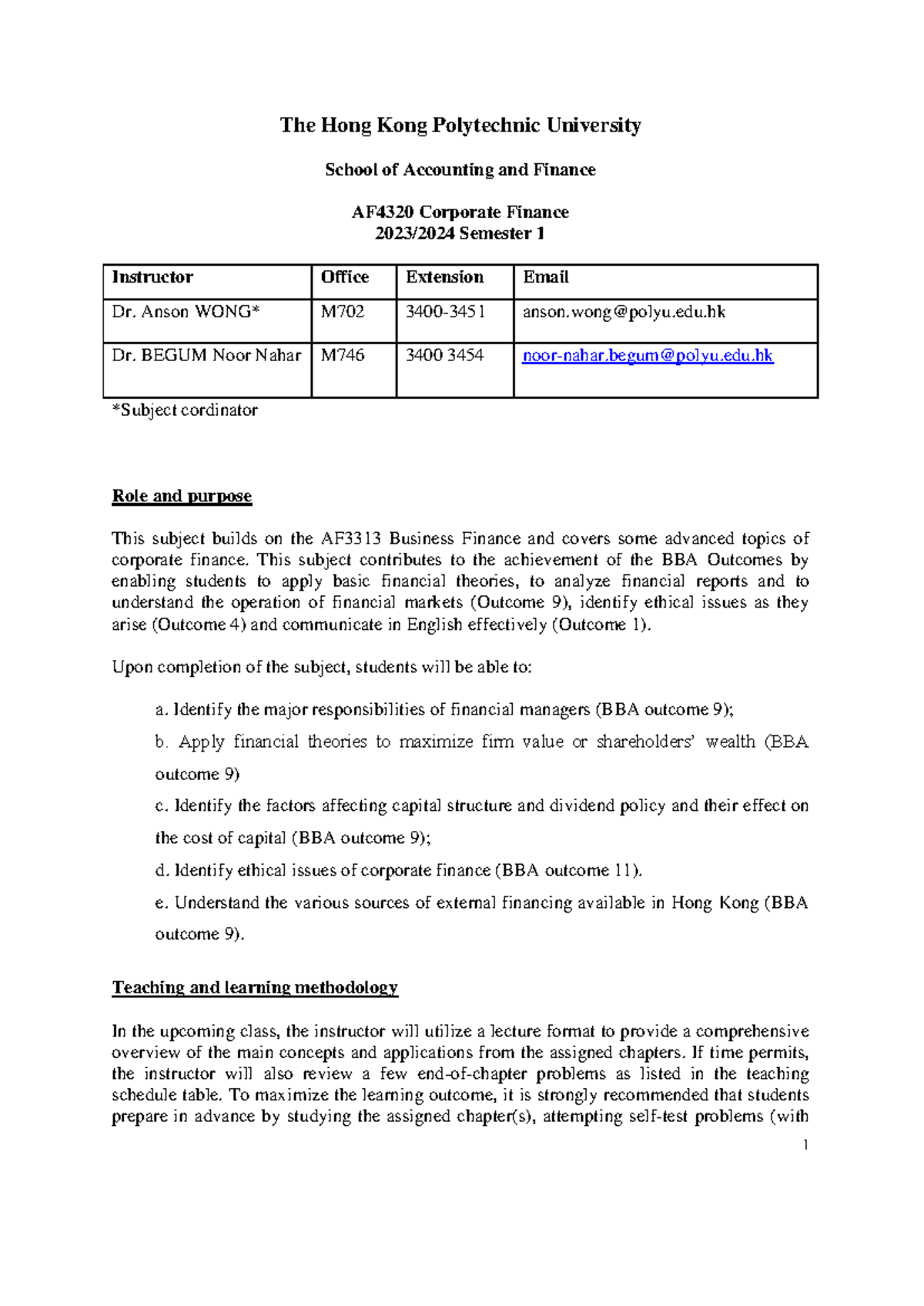 AF4320 Corporate Finance Course Outline 2023/24: Semester 1 Details ...