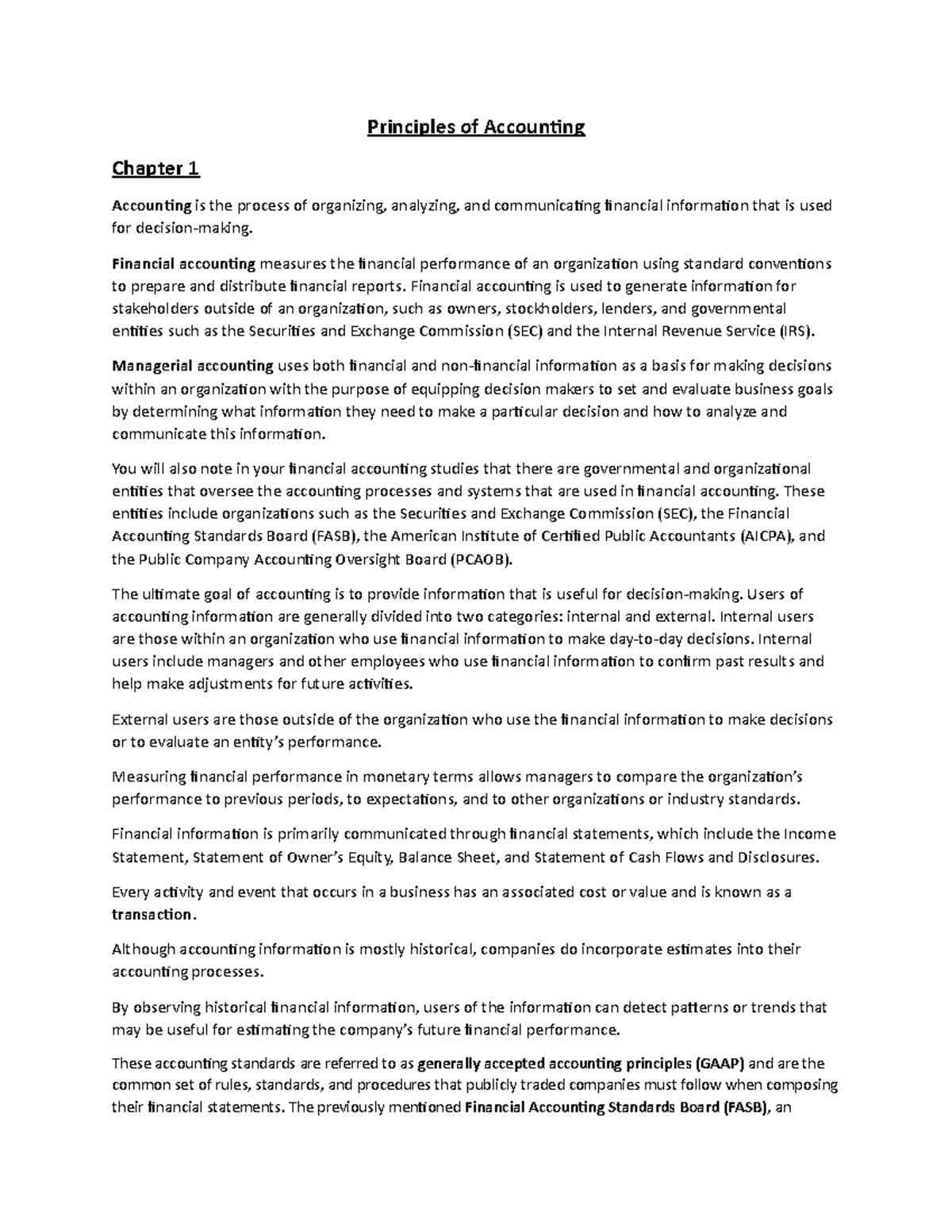 BUS 1102 - Accounting Principles Reading Notes - Chapter 1 and 2 ...