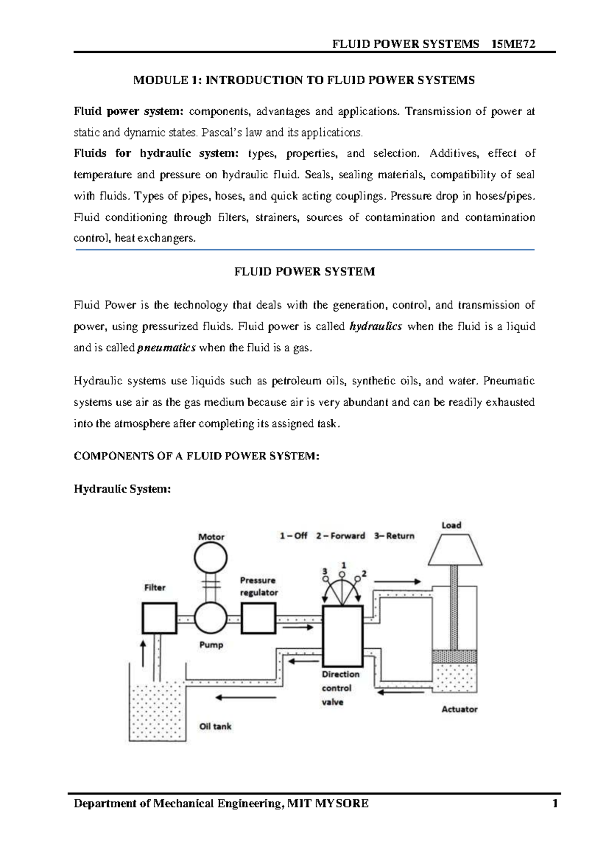 FLUID POWER SYSTEMS 15ME72 MODULE 1: INTRODUCTION & COMPONENTS - Studocu