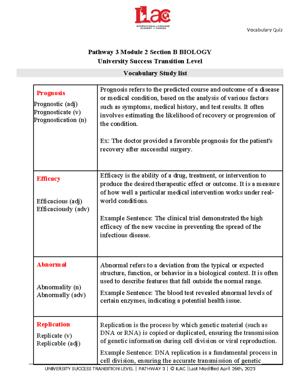 Pathway 3 Module 2 Section B - Essential Biology Vocabulary List - Studocu