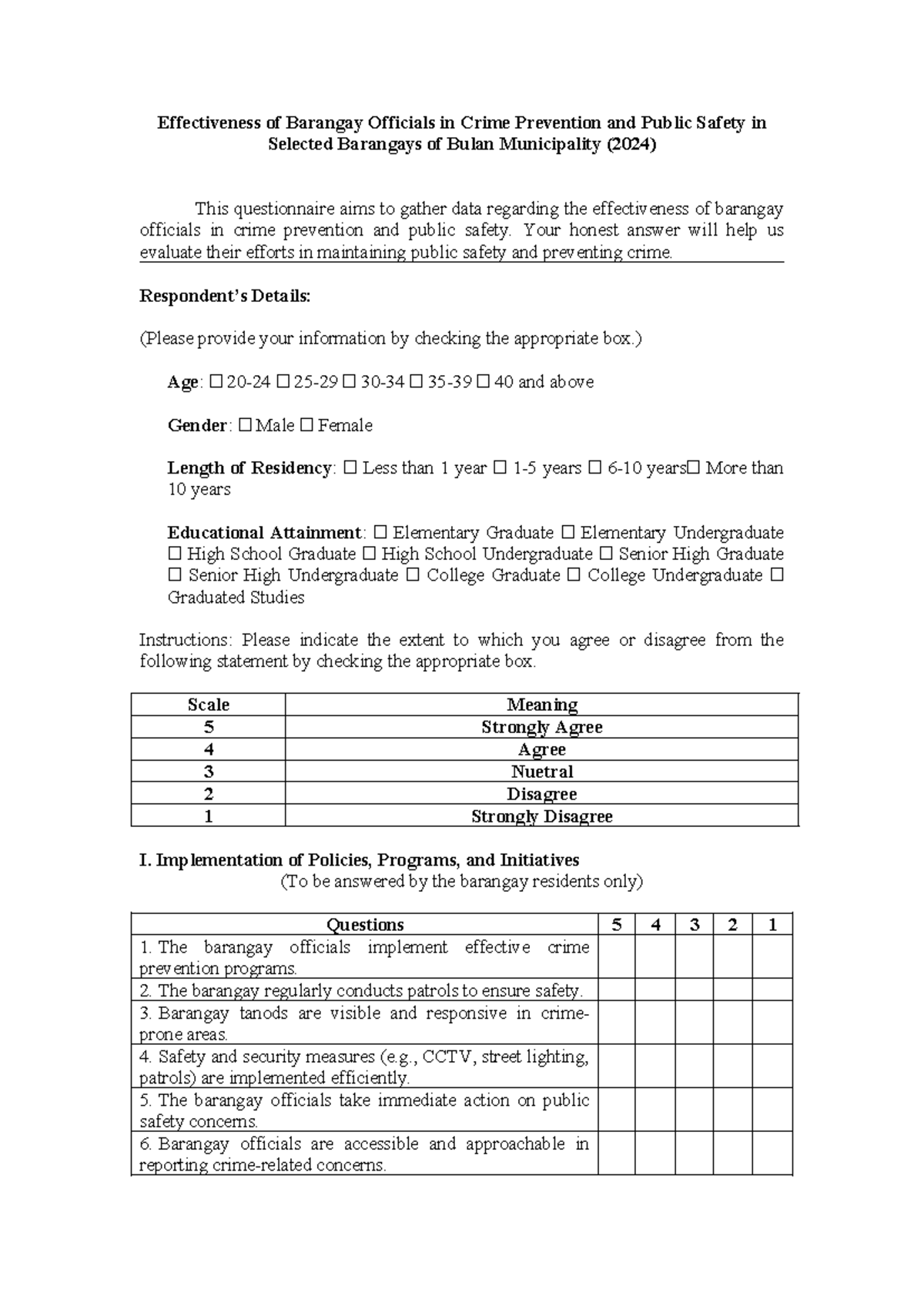 Barangay Crime Prevention Effectiveness Questionnaire - Bulan ...