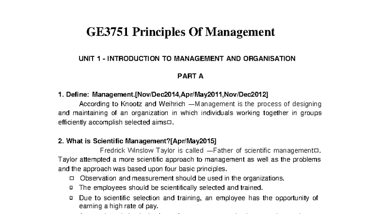 GE3751 Principles of Management UNIT I - Introduction to Management ...