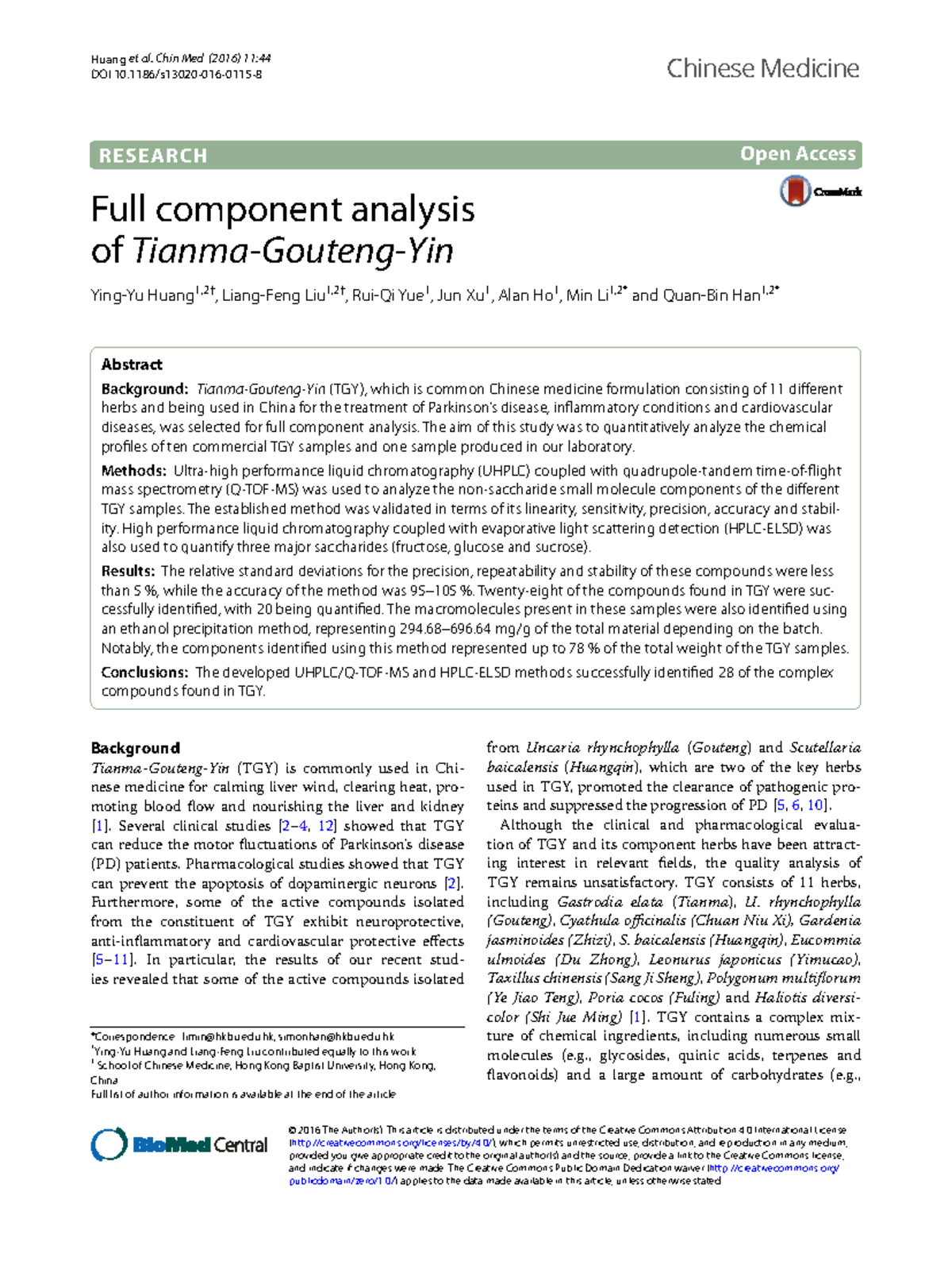 Full Component Analysis of Tianma Gouteng Yin (TGY) in Chinese Medicine ...
