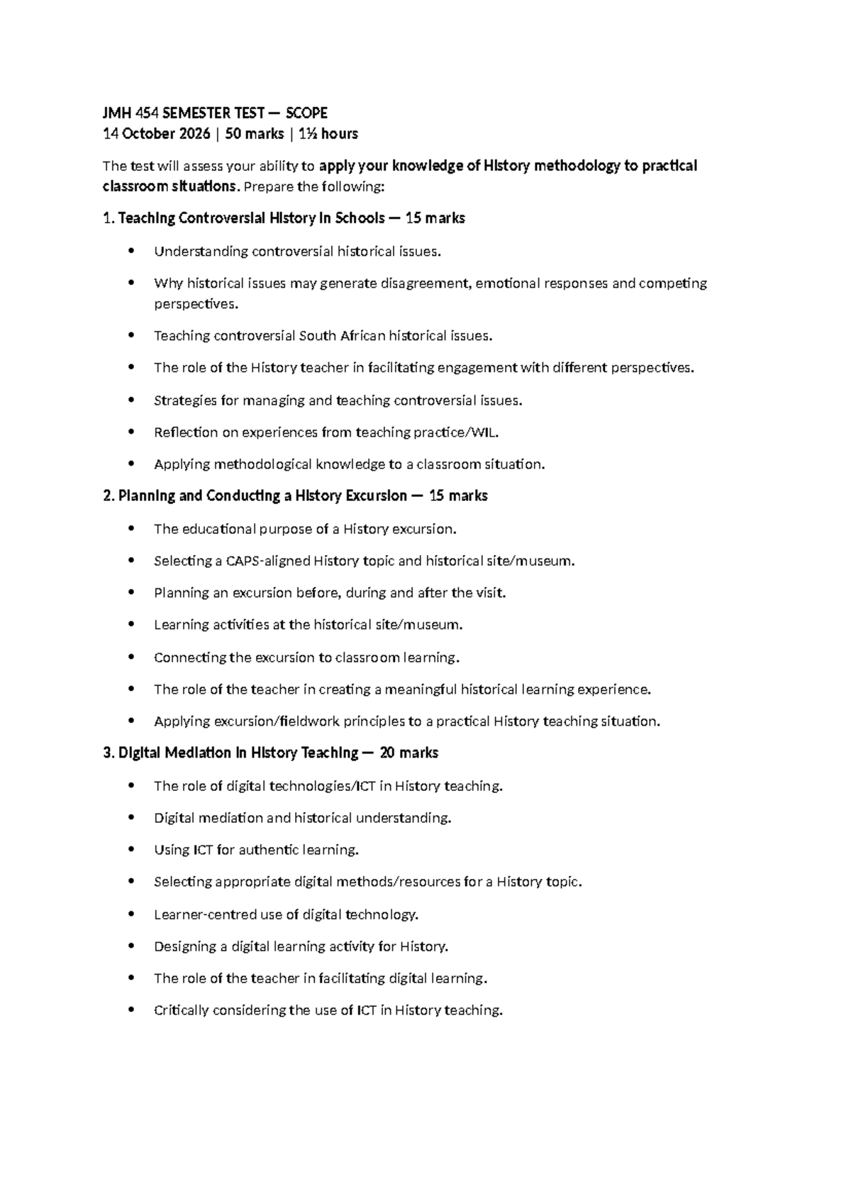JMH 454 SEMESTER TEST SCOPE: History Methodology & Teaching Strategies ...