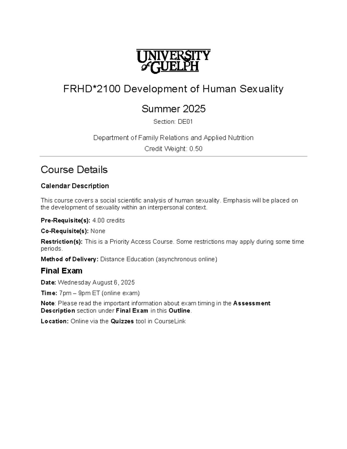 Outline FRHD2100 DE01 S25: Development of Human Sexuality Final Exam ...