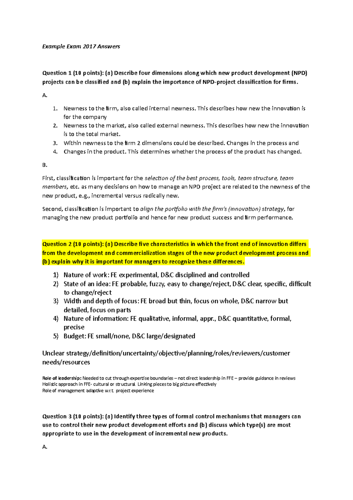 Example Exam 2017 Antwoorden - NPD Strategies and Challenges - Studeersnel