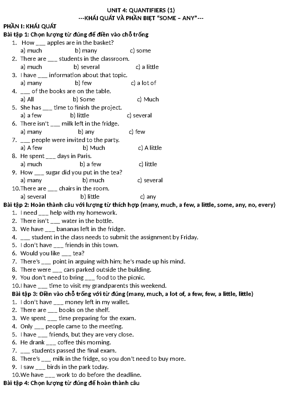 UNIT 4: QUANTIFIERS EXERCISES AND PRACTICE (UNIT 41) - Studocu