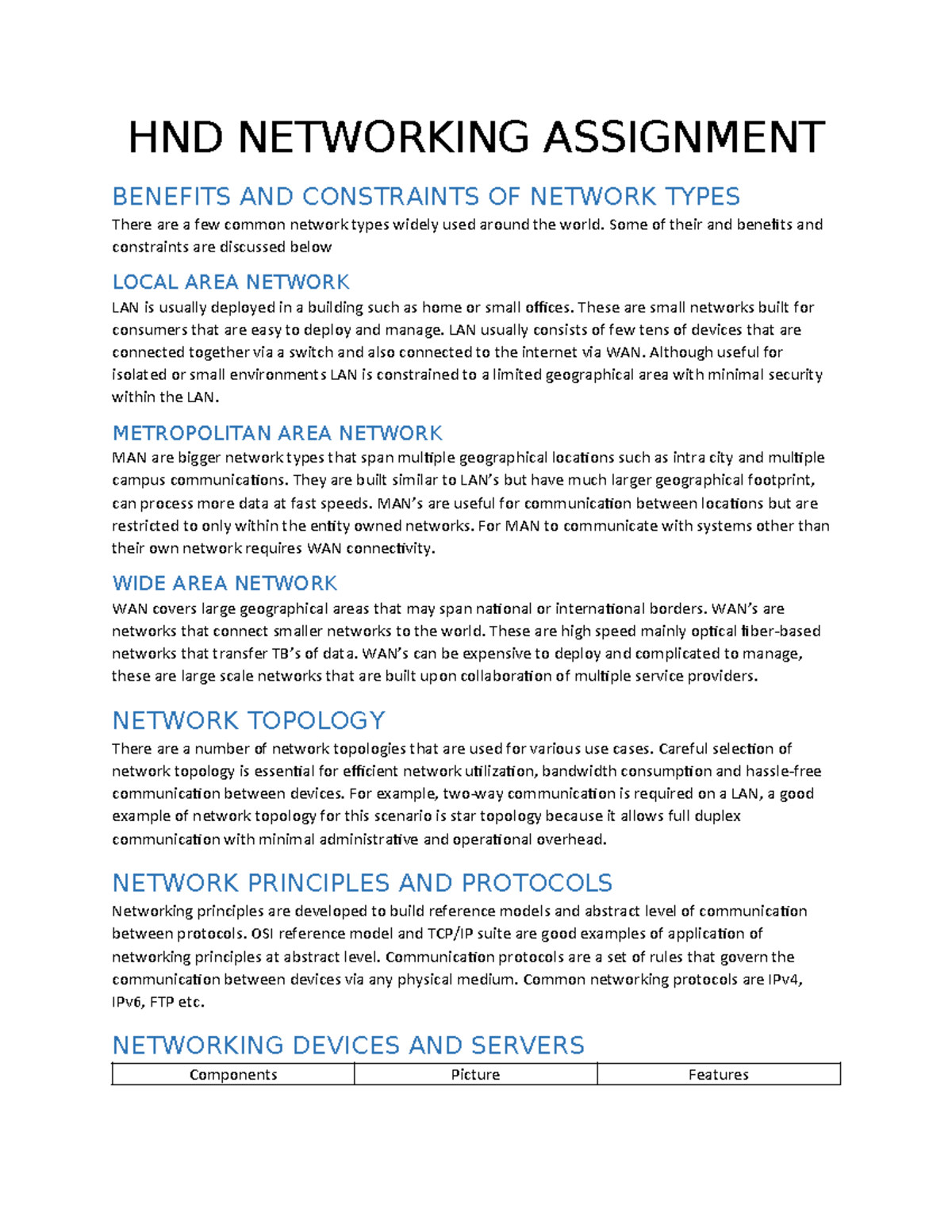 HND NETWORKING ASSIGNMENT: Benefits & Constraints of Network Types ...