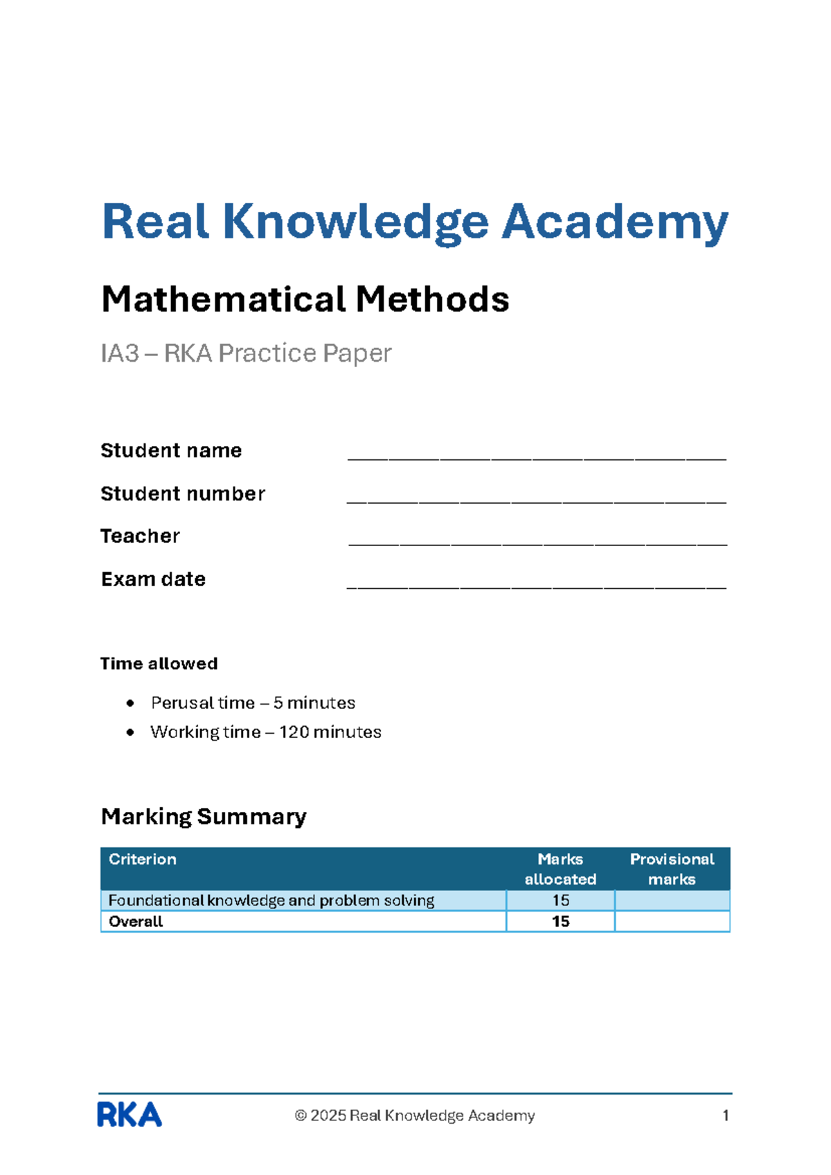 Mathematical Methods IA3 RKA Practice Paper - Student Exam Prep - Studocu