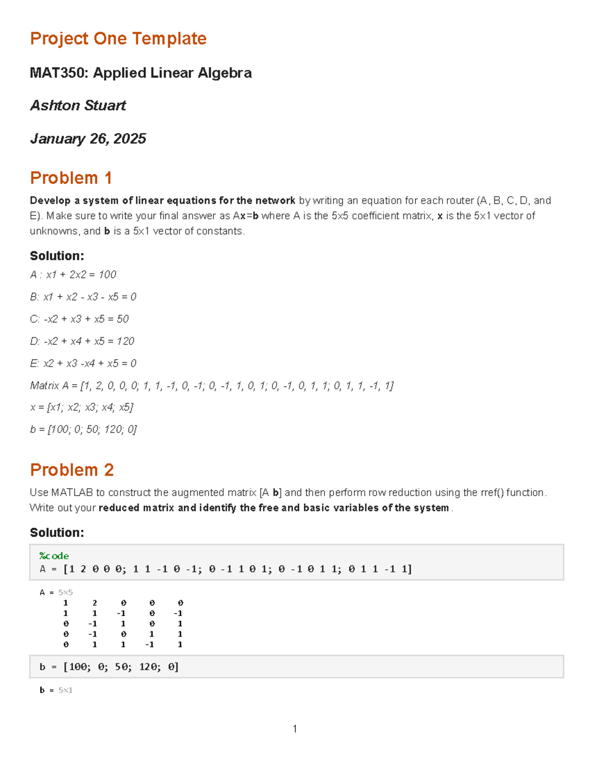 MAT350 Project One: Applied Linear Algebra Problem Set - Studocu