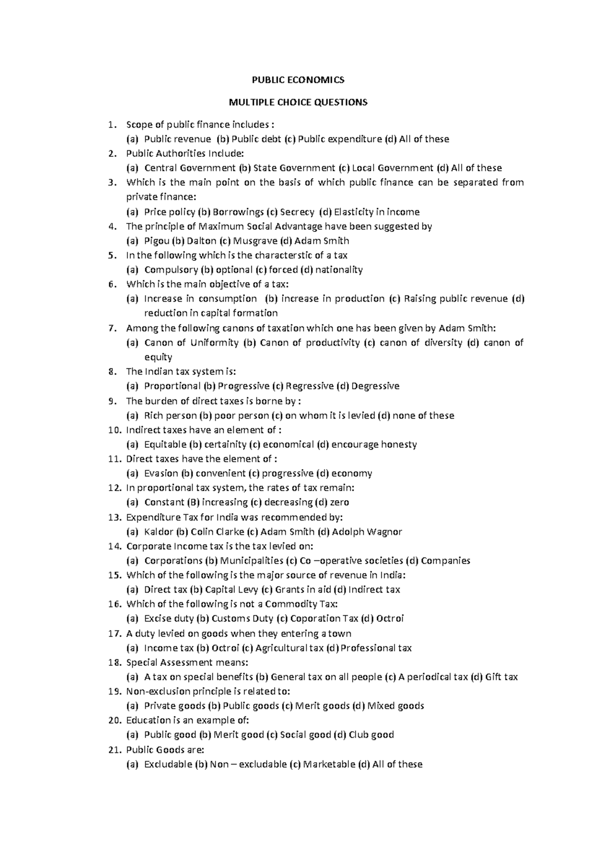 Public economics MCQs for exam preparation - Studocu