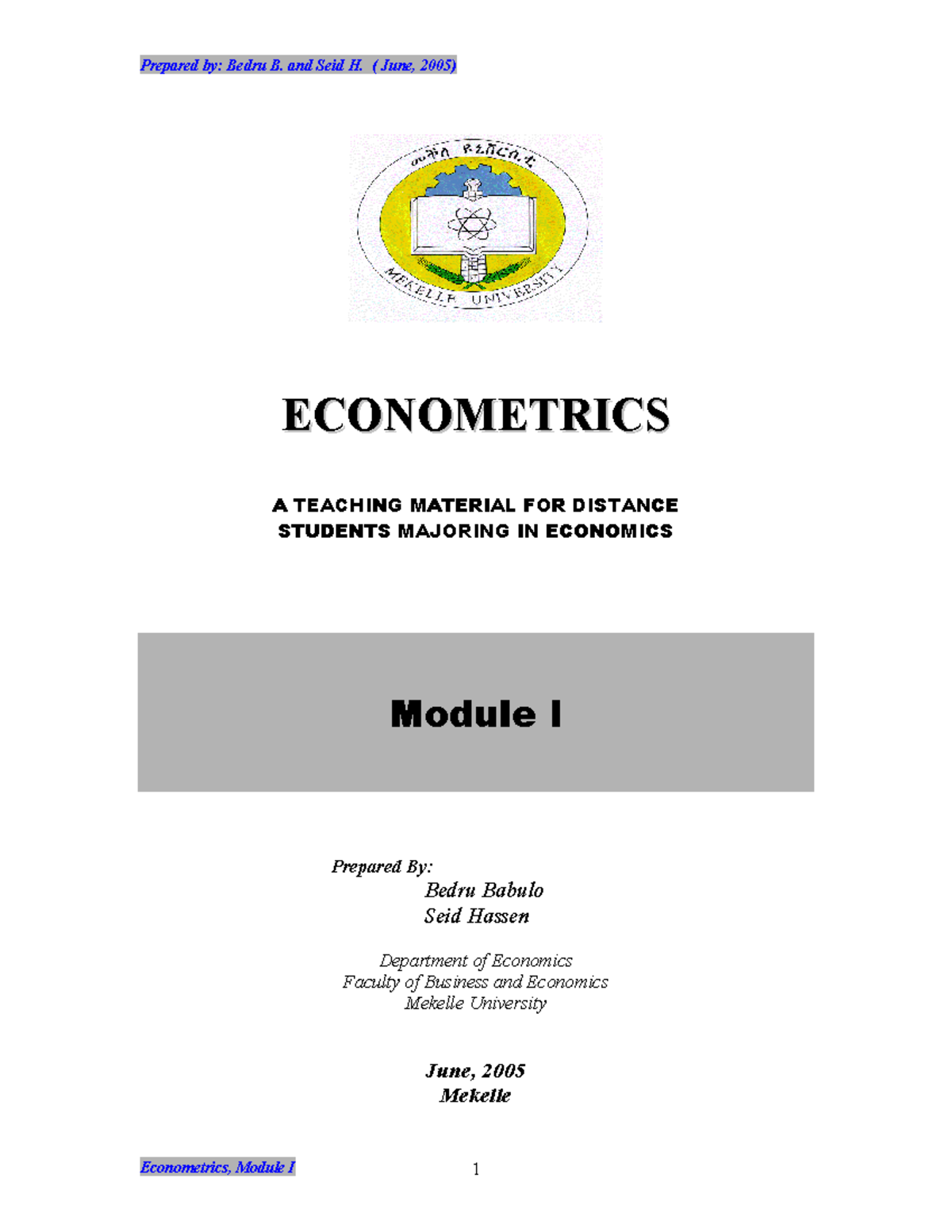 Econometrics Module I: Intro & Regression Analysis (ECO 101) - Studocu