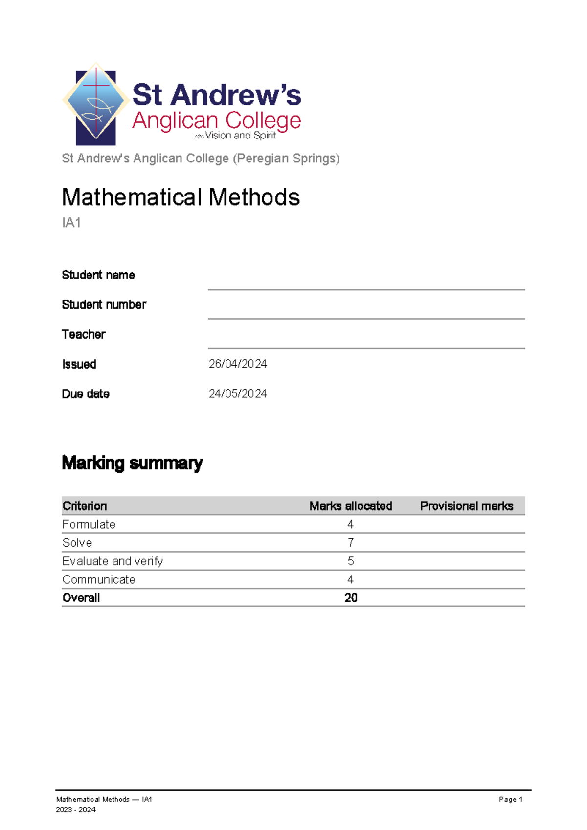 Mathematical Methods IA1: Problem Solving & Modelling Task Guide - Studocu