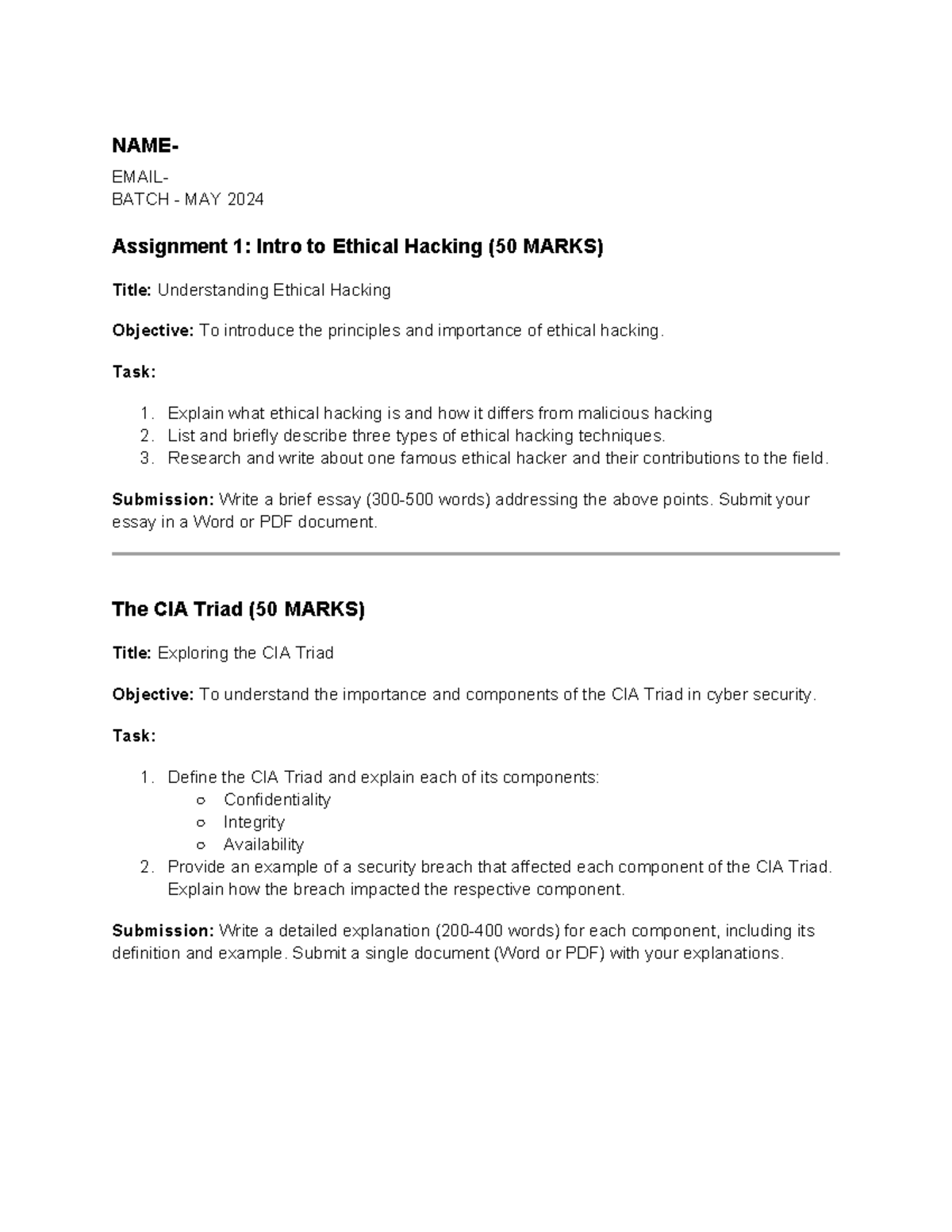 Assignment 1 Intro to Ethical Hacking - NAME- EMAIL- BATCH - MAY 2024 ...