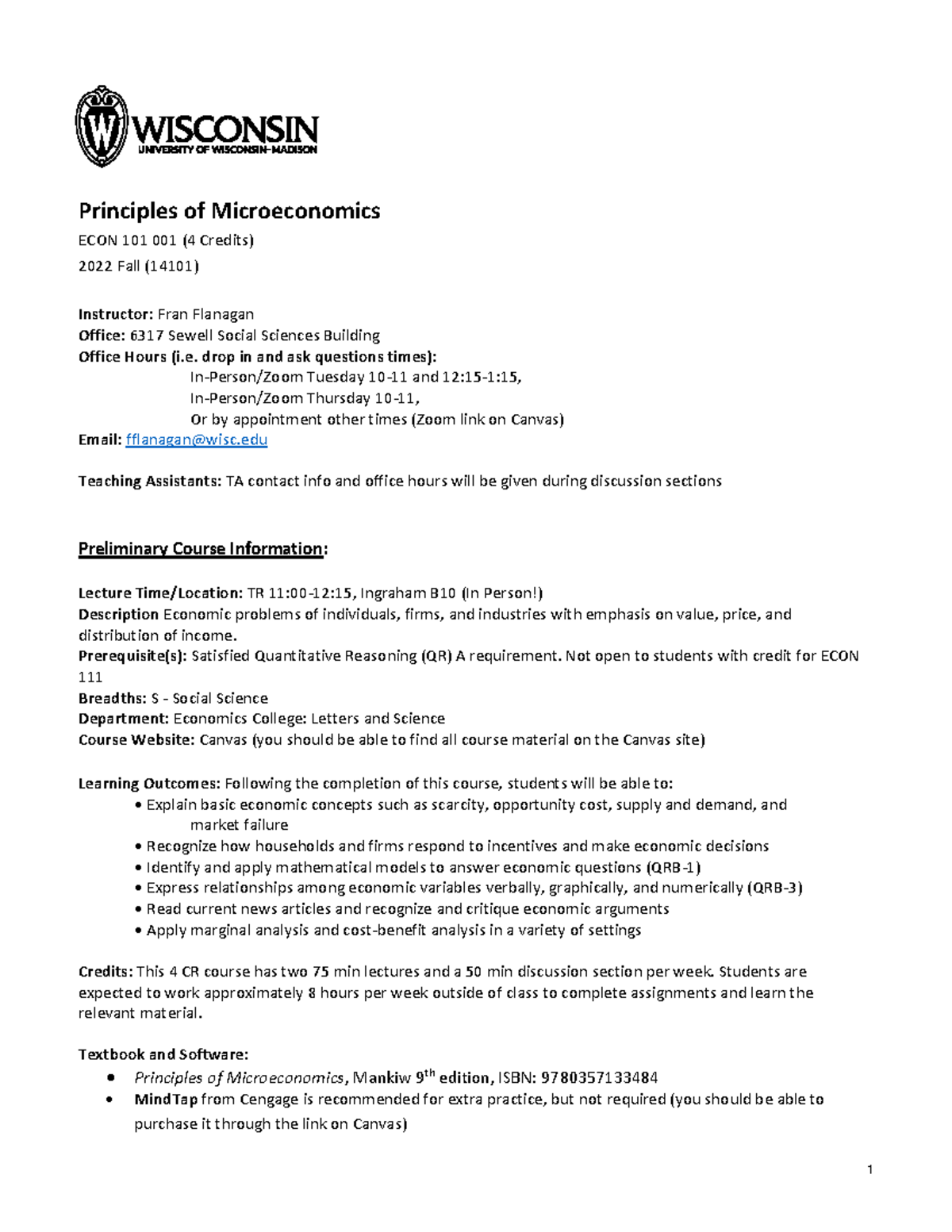 ECON 101 Syllabus: Principles of Microeconomics Course Details - Studocu