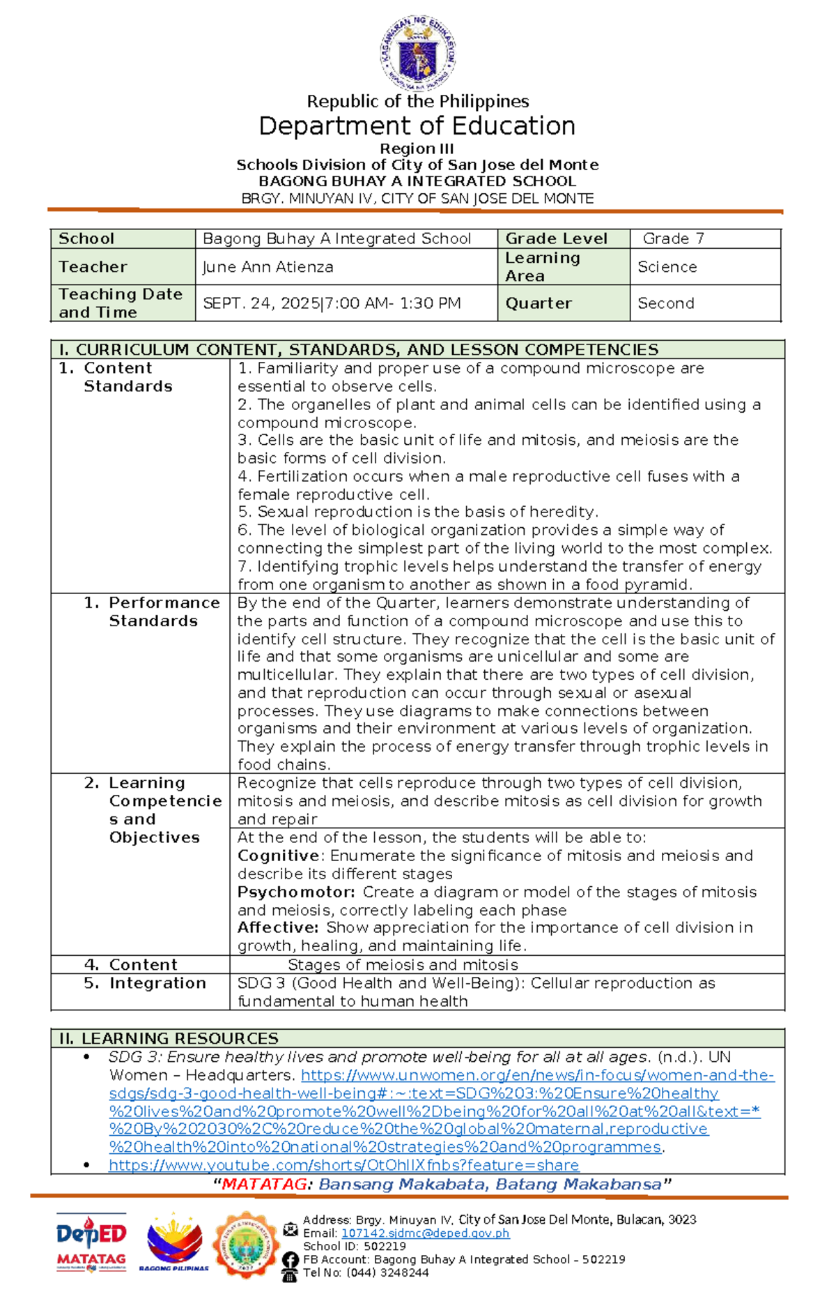 Grade 7 Science Semi-Detailed Lesson Plan on Mitosis and Meiosis - Studocu