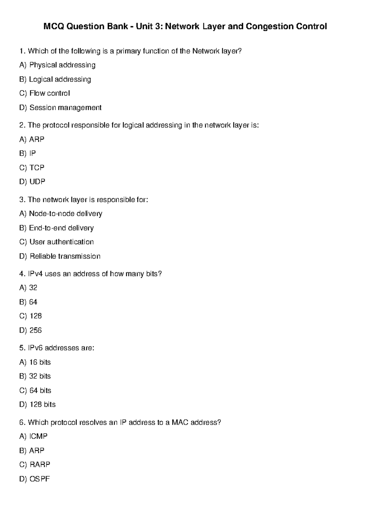 Network Layer Unit 3 MCQ Question Bank on Congestion Control - Studocu