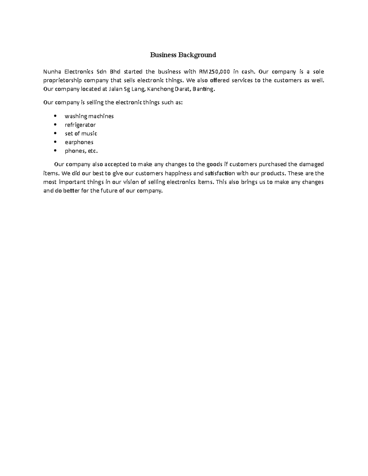 Acc final project - fyp - Business Background Nunha Electronics Sdn Bhd ...