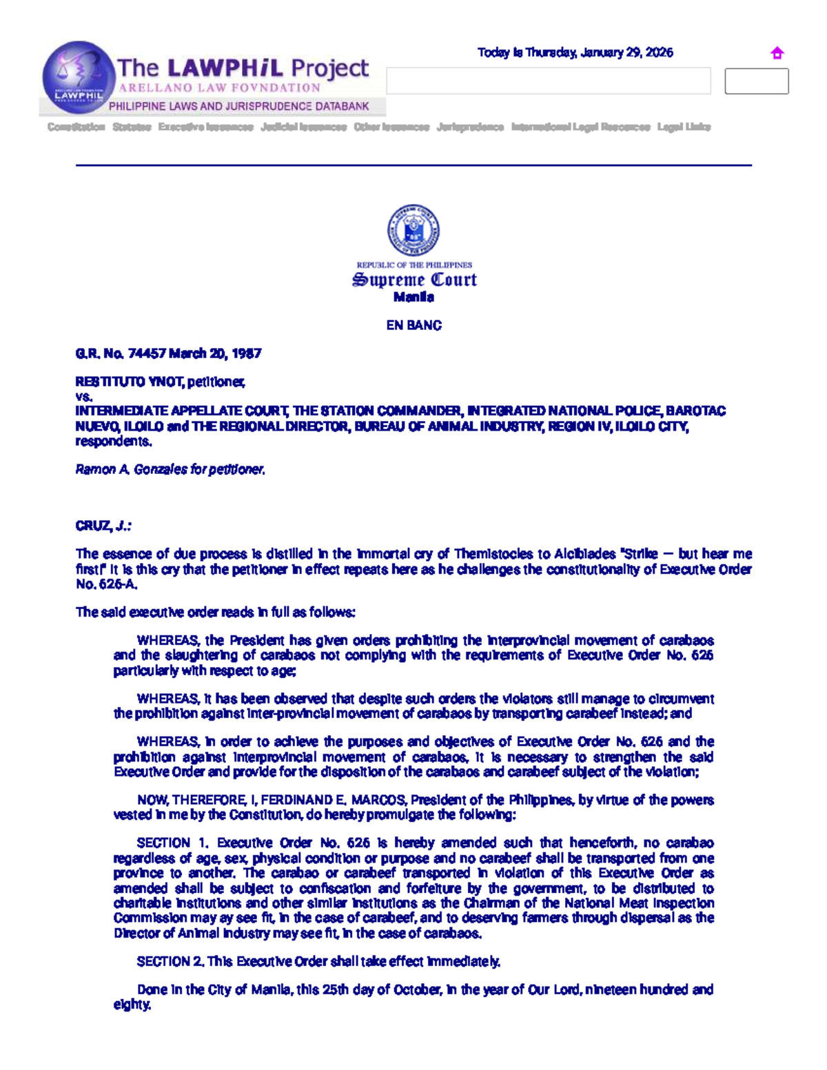 G.R. No. 74457: Case Study on Executive Order No. 626 and Due Process ...