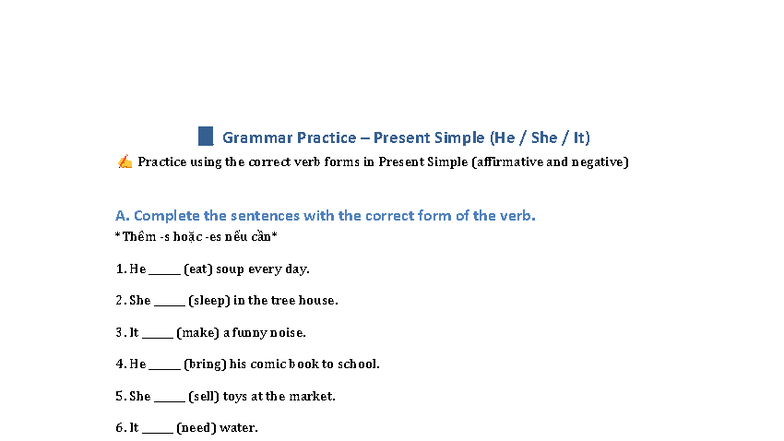 Present Simple Homework: Verb Forms Practice (He, She, It) - Studocu