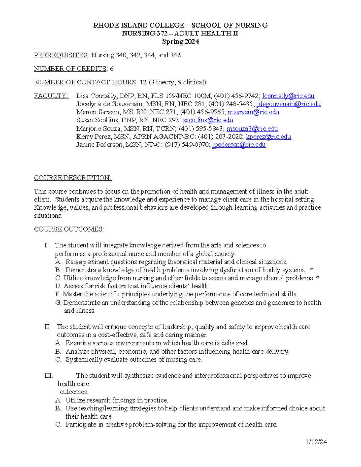 N 372 Adult Health II Course Syllabus - Spring 2024 Overview - Studocu