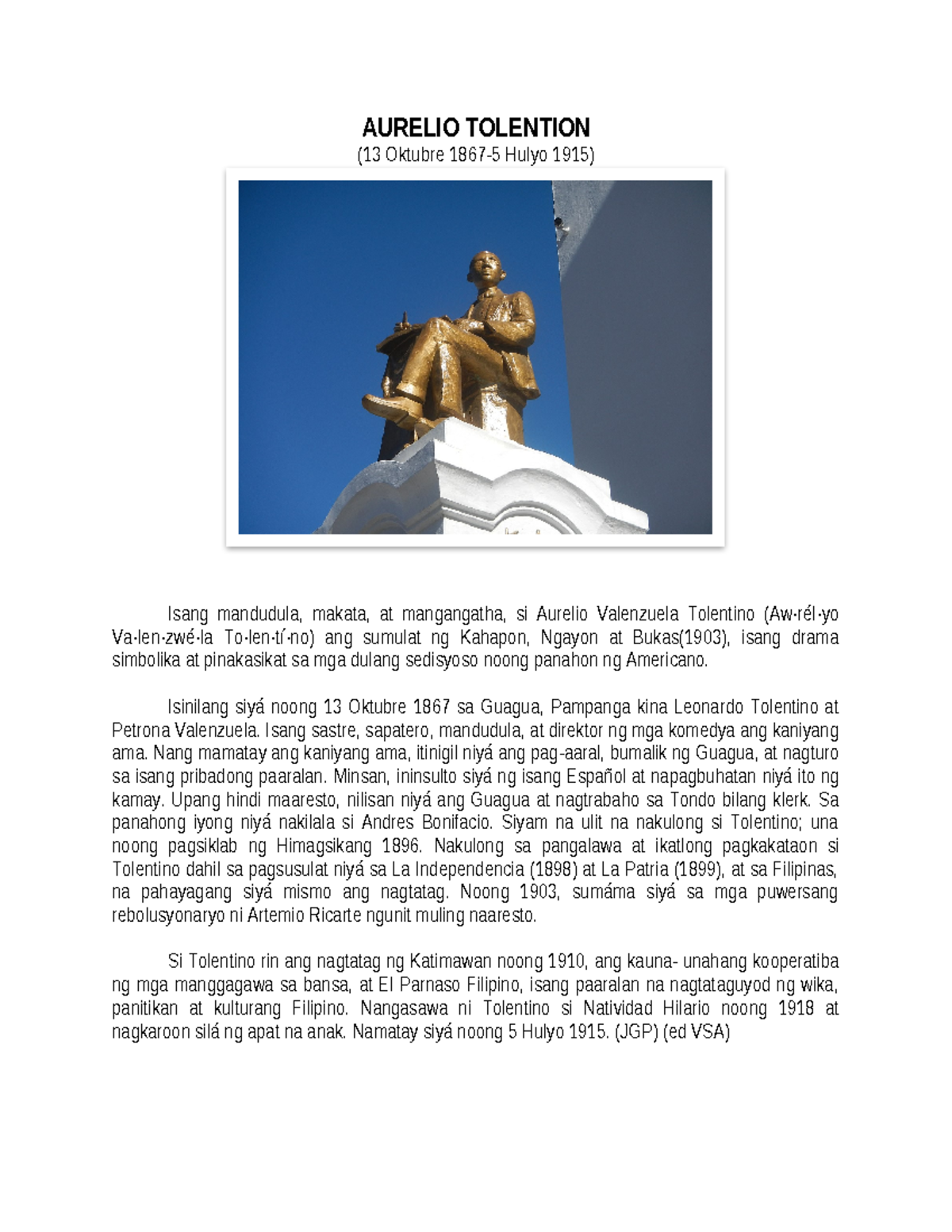 Aurelio Tolentino Isang Bayaning Kapampangan 1867 1915 Studocu