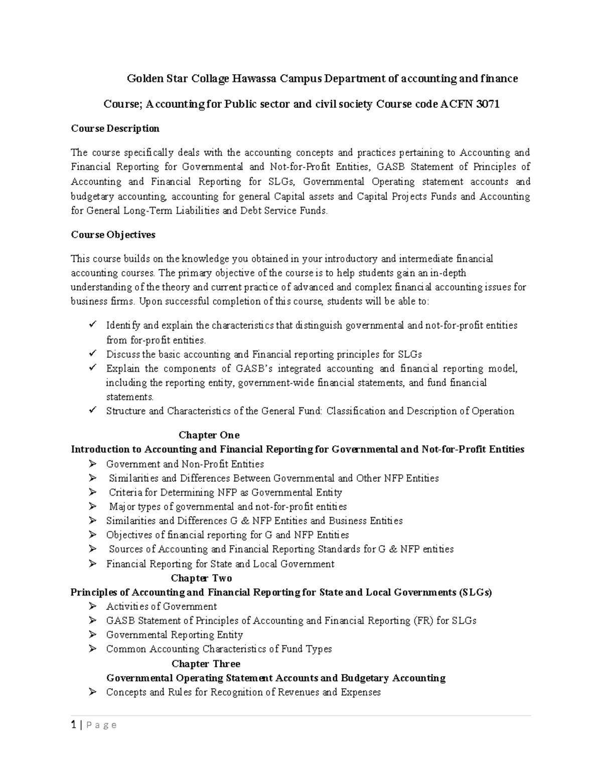 ACFN 3071: Fund Course Outline for Accounting in Public Sector - Studocu