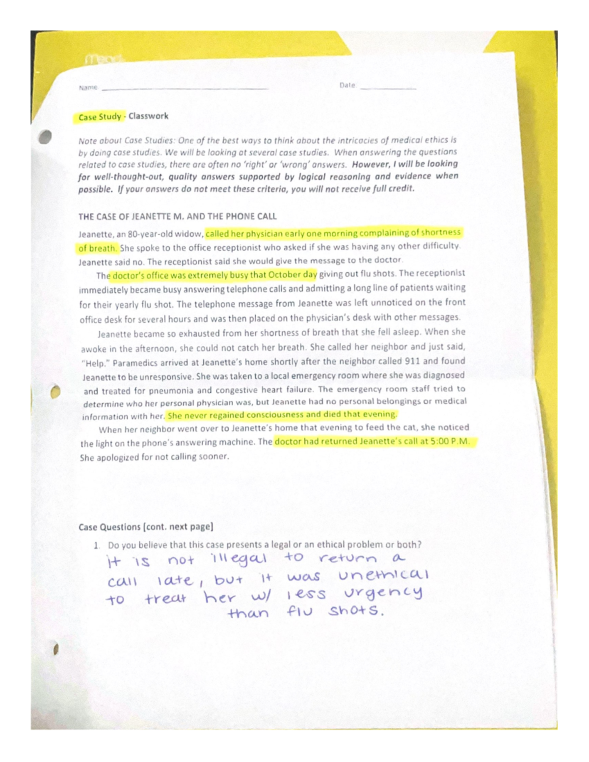 Case Study - Classwork - Page 5 - Case Study Classwork Note about Case ...