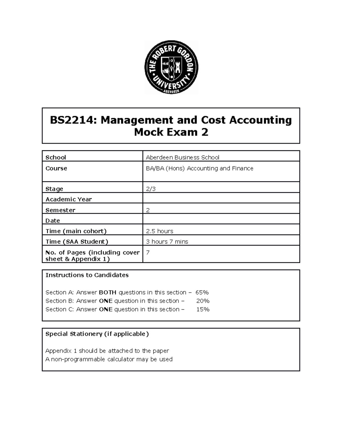 MACA Mock Exam 2 - BS2214: Management and Cost Accounting Mock Exam 2 ...