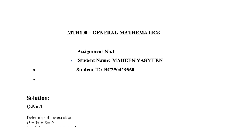 MTH100 General Mathematics Assignment 1 Solutions by Maheen Yasmeen ...