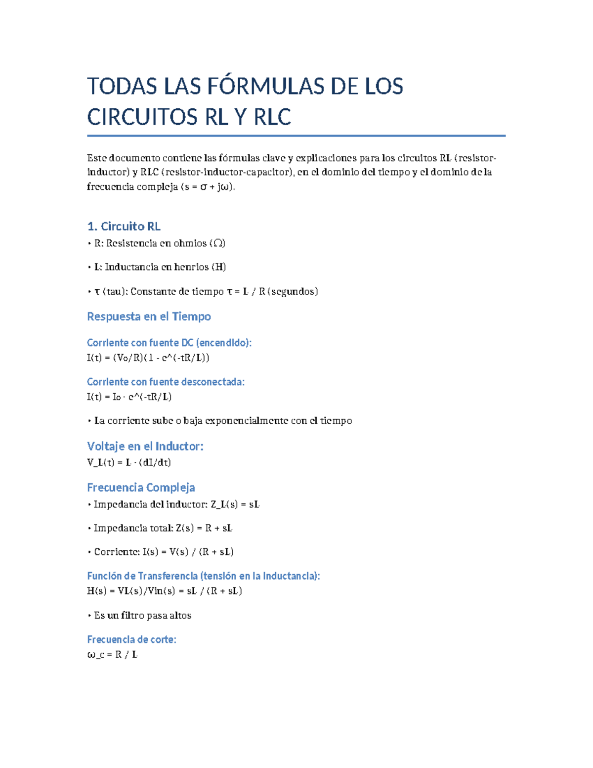 Formulas Completas para Circuitos RL y RLC: Análisis y Respuestas - Studocu