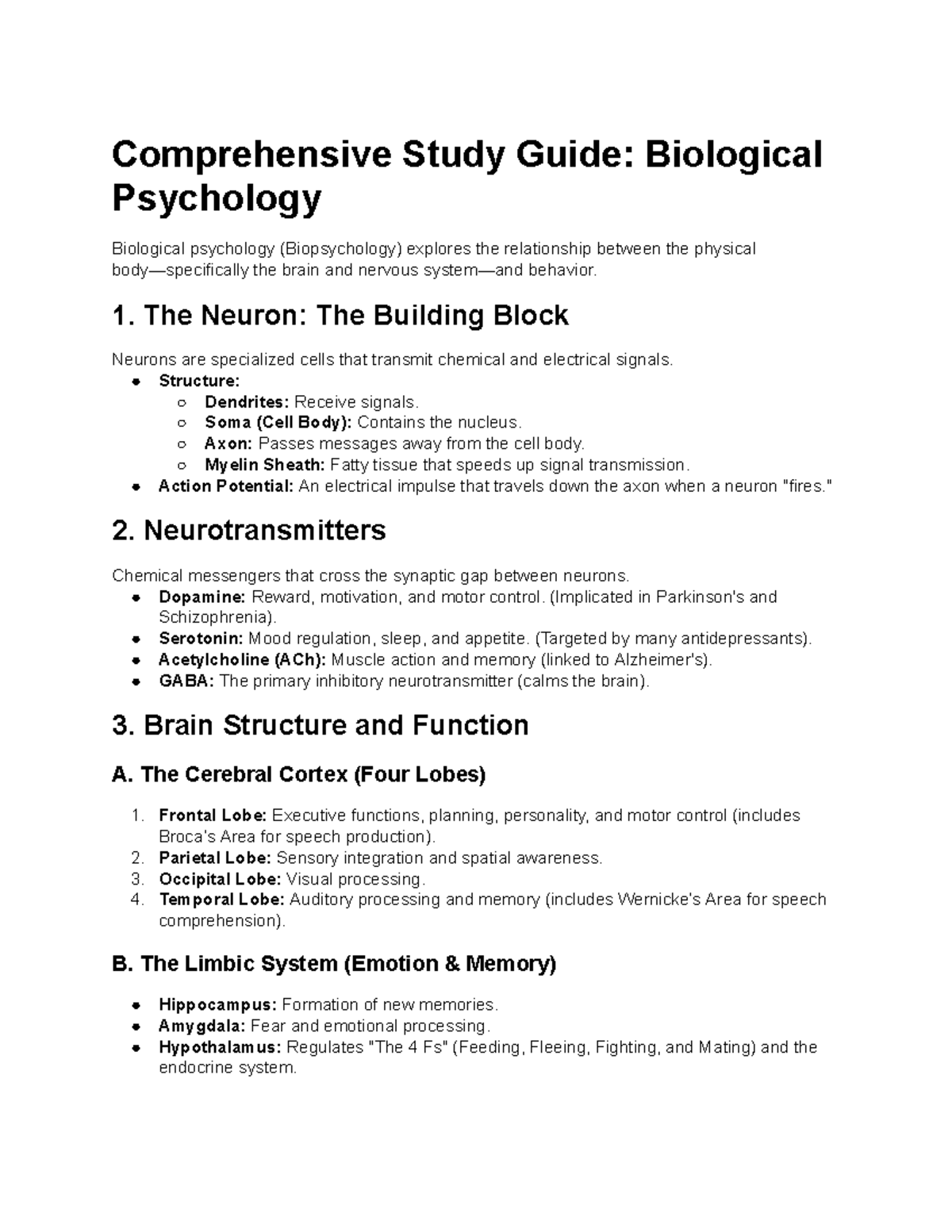 Biopsychology Study Guide: Key Concepts & Brain Functions - Studocu