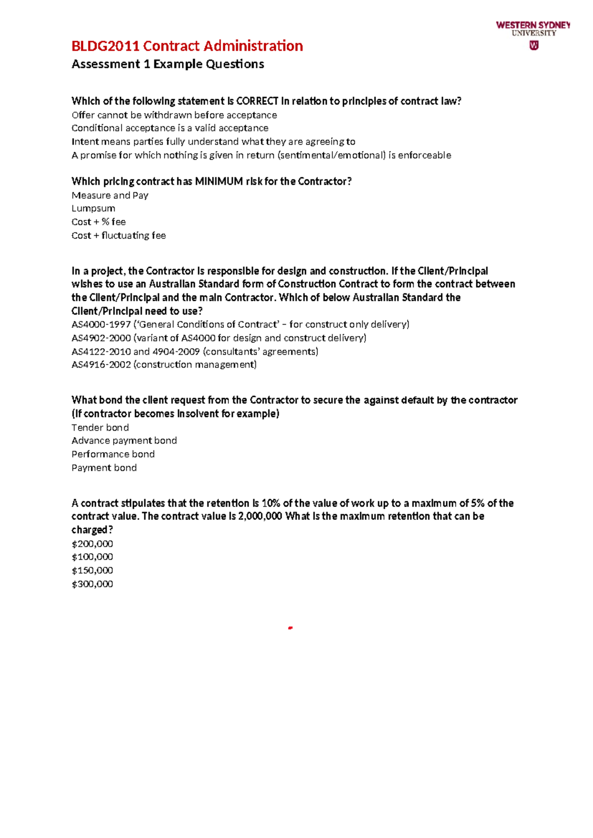BLDG2011 Contract Administration: Practice Questions for Assessment 1 ...