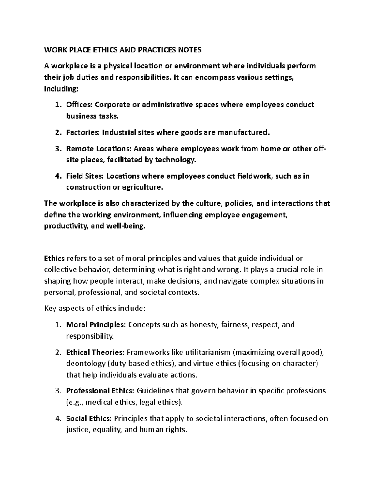 780161084 WORKPLACE ETHICS AND PRACTICES: Comprehensive Notes - Studocu