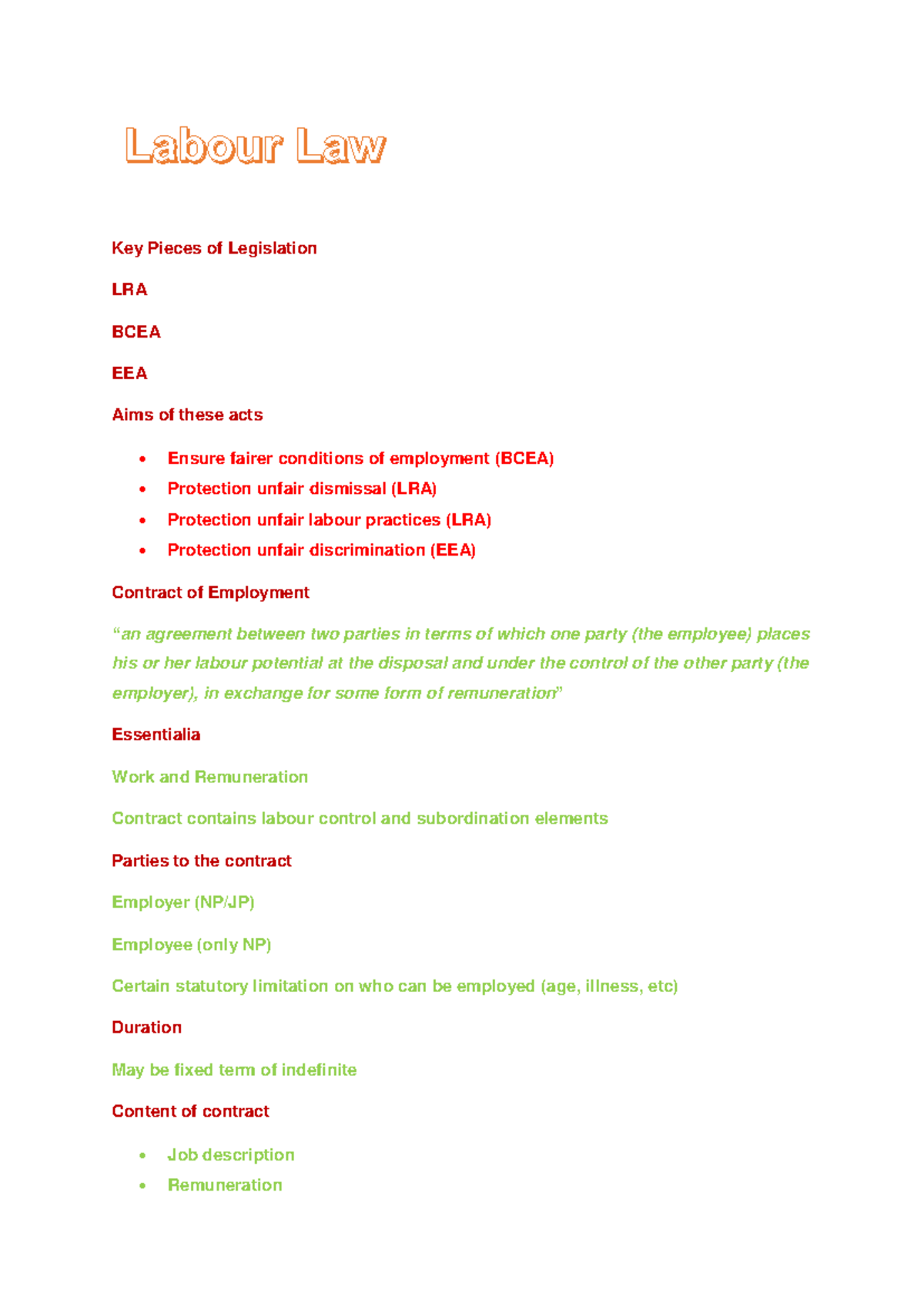 Labour Law Overview: Key Legislation and Employee Rights Guide - Studocu