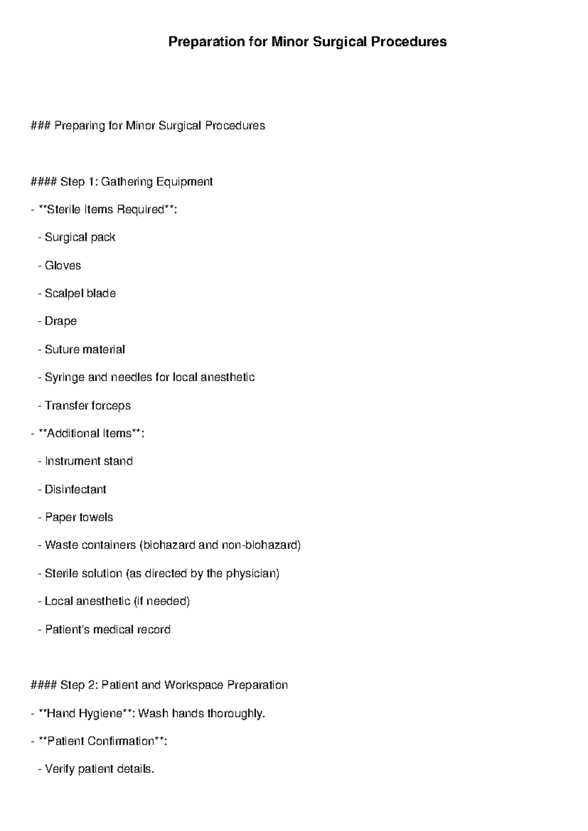 Preparation for Minor Surg. Procedures (Surg 101) - Studeersnel
