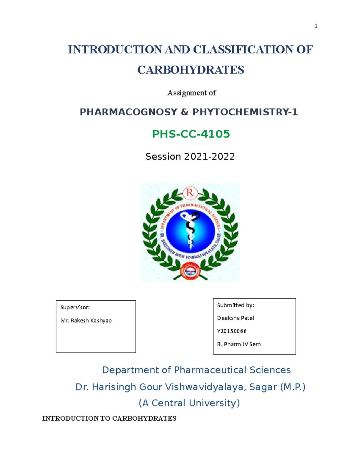 Classification of Carbohydrates - PHARMACOGNOSY & PHYTOCHEMISTRY PHS-CC ...