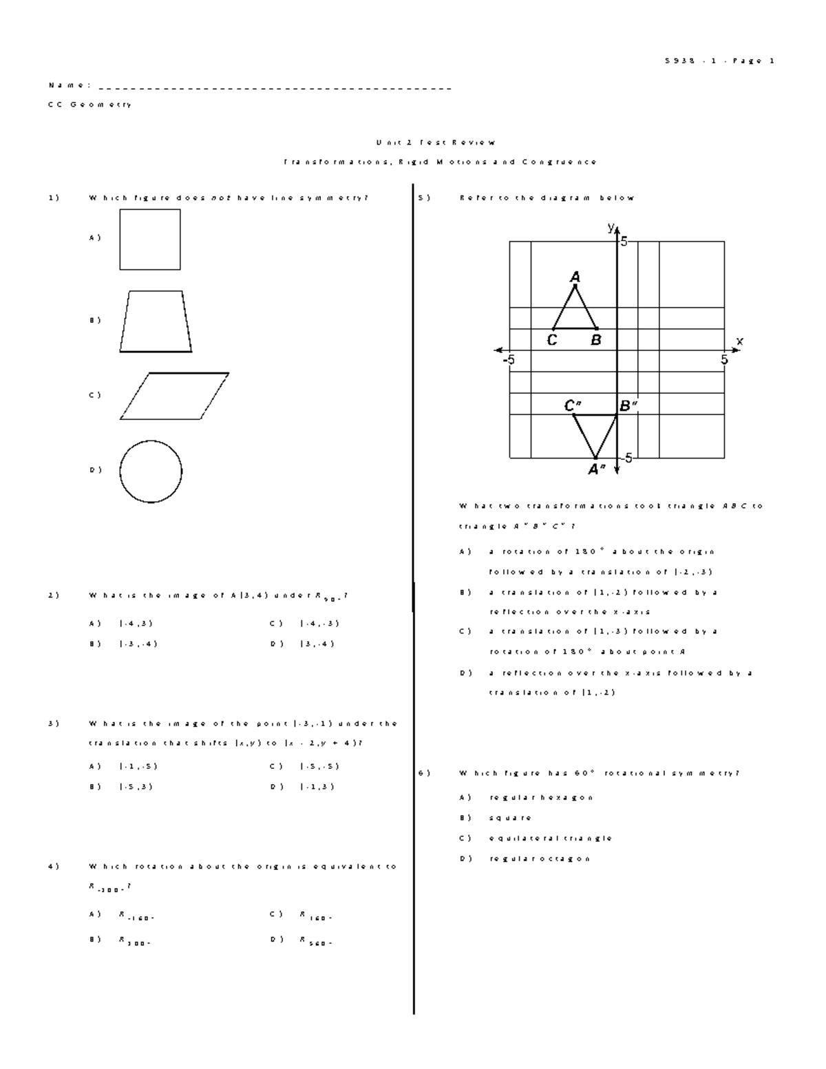 5938 Unit 2 Test Review: Transformations & Congruence Concepts - Studocu