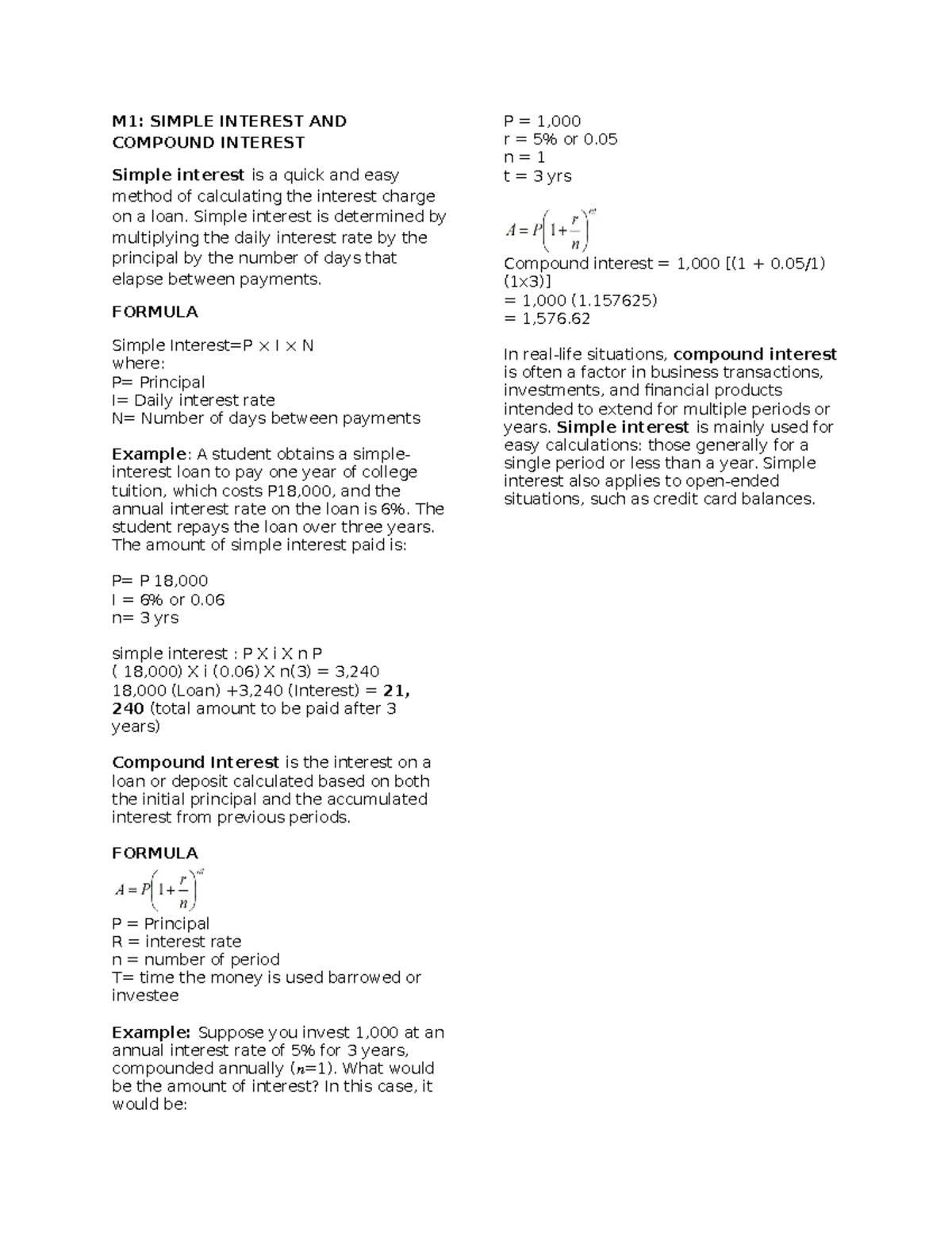 AE1 - assignment - M1: SIMPLE INTEREST AND COMPOUND INTEREST Simple ...