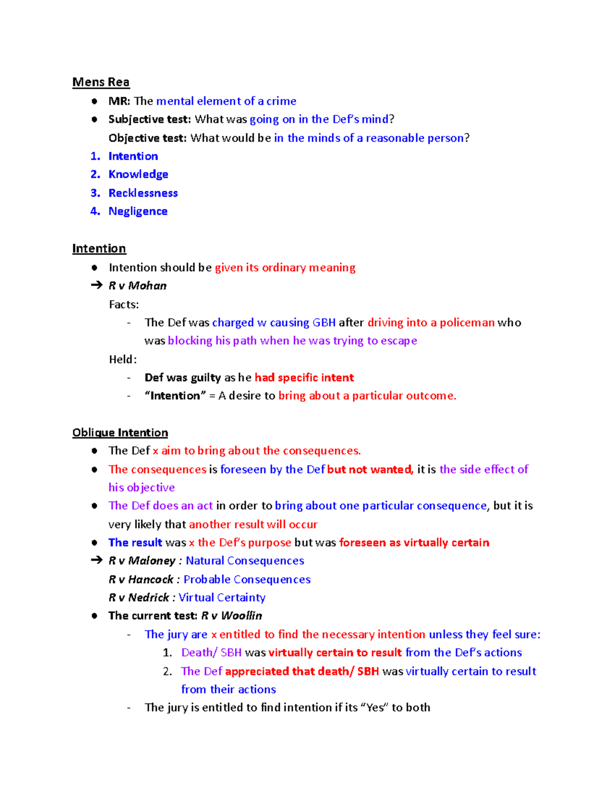 Criminal Law Notes: Mens Rea and the Mental Element of Crimes - Studocu