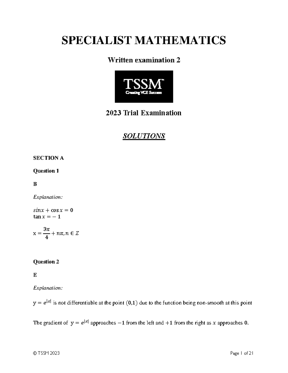 TSSM 2023 Specialist Mathematics Exam 2 Solutions - Studocu