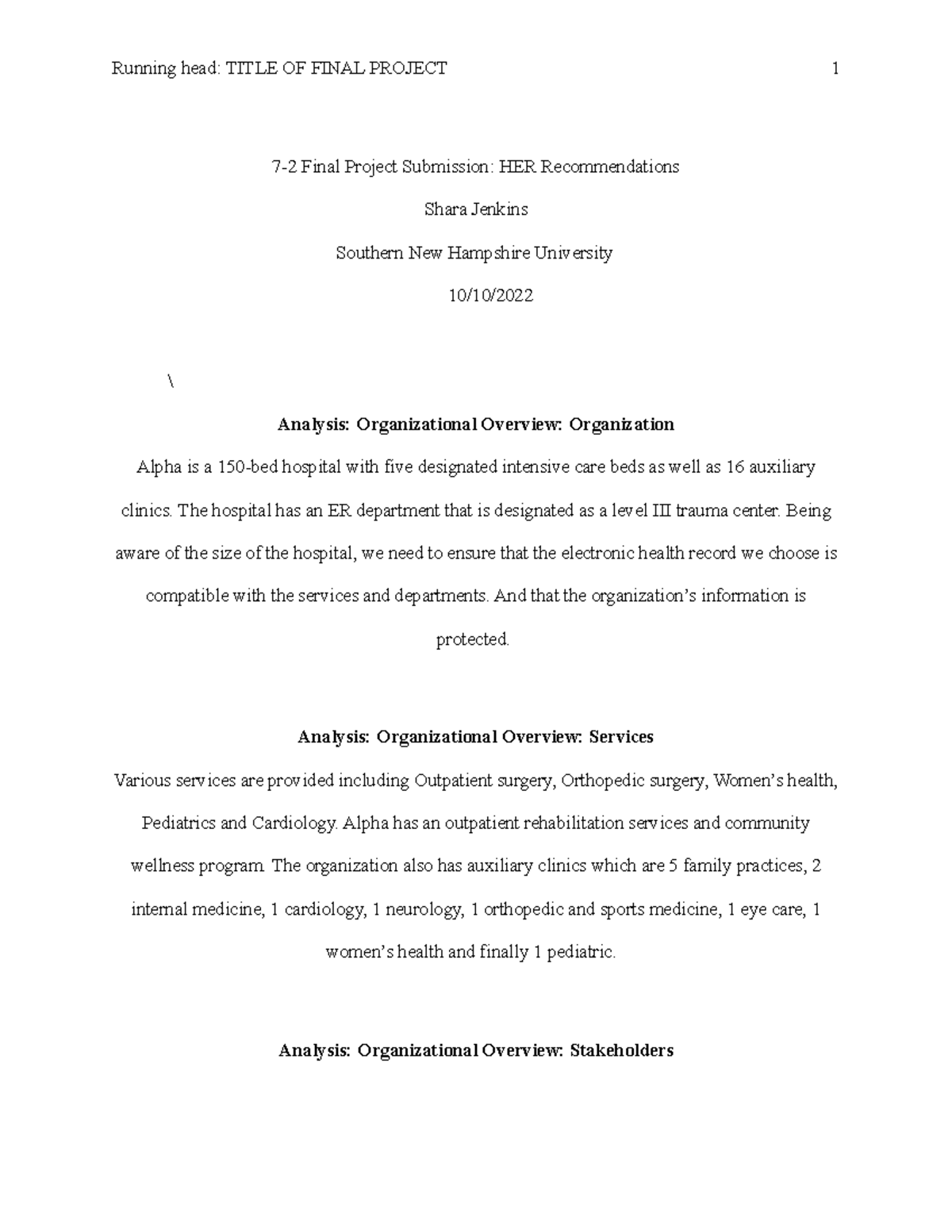 HIM 220 Final Project: EHR Implementation Recommendations by Shara ...