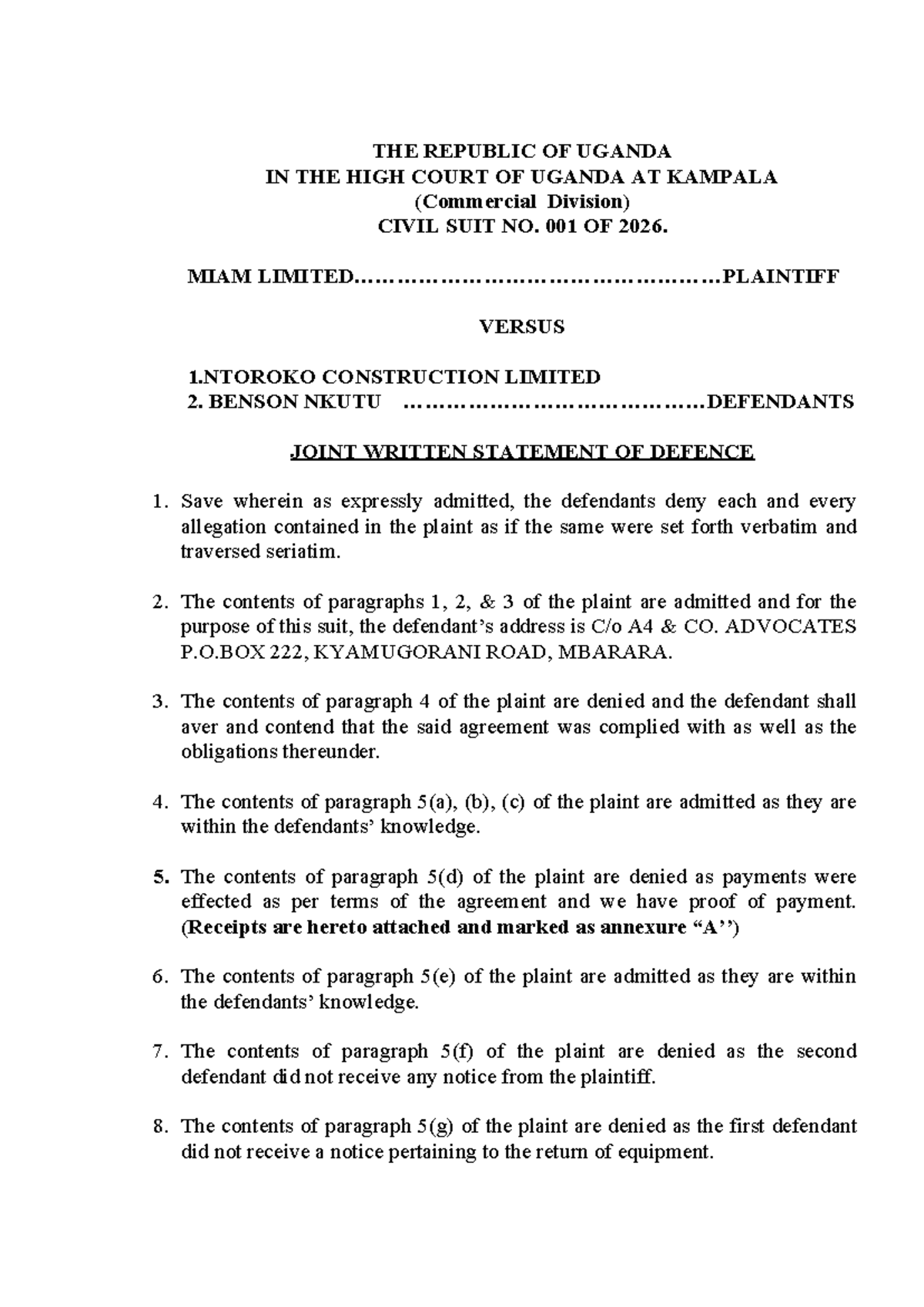 WSD FIRM A4: Joint Written Statement of Defence in Civil Suit No. 001/ ...